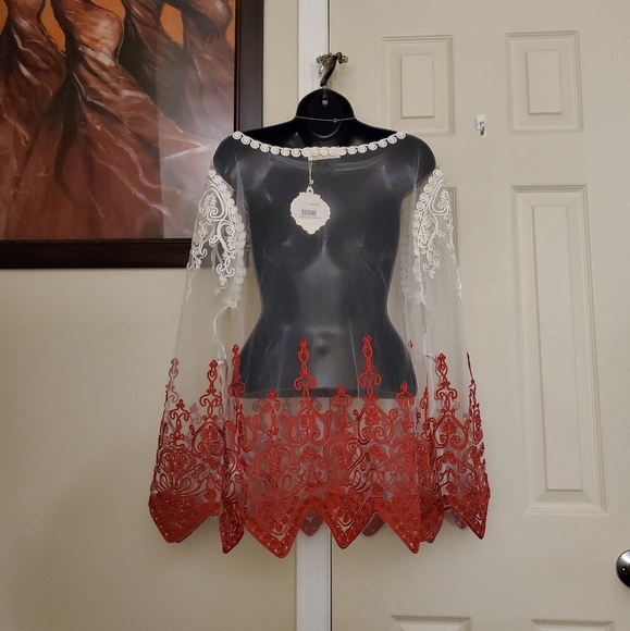Couture Sheer Embroidered Red/White Triangular Sleeve Hem Finish Top Blouse - Picture 3 of 9